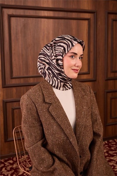 Twill İpek Eşarp Taş Vizon Geometrik Desenli Tok Duruşlu 90x90