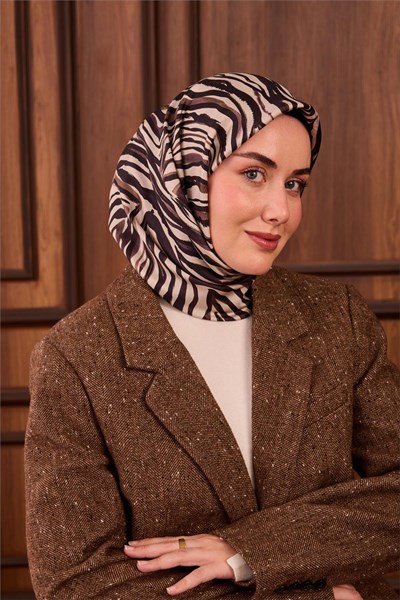 Twill İpek Eşarp Taş Vizon Geometrik Desenli Tok Duruşlu 90x90