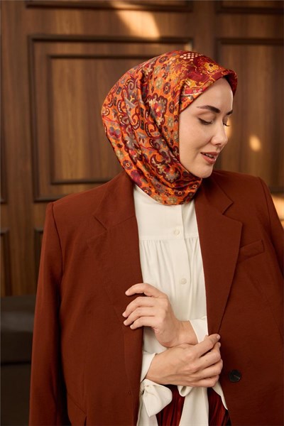 Twill İpek Eşarp Turuncu–Bordo Desenli Tok Duruşlu Kaymaz 90x90