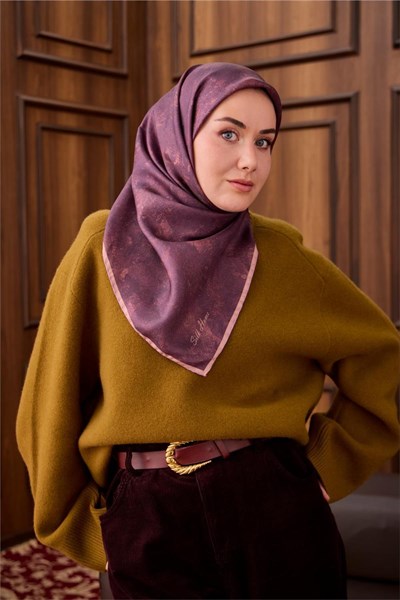 Twill İpek Eşarp Vişne–Somon Desenli Tok Duruşlu 90x90