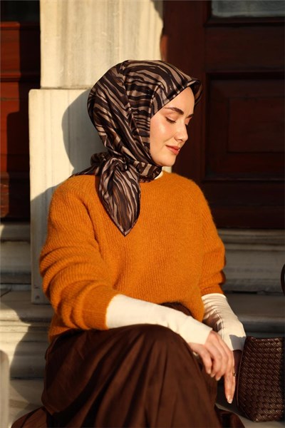 Twill İpek Eşarp Vizon Acı Kahve Çizgili Tok Duruşlu 90x90