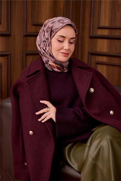 Twill İpek Eşarp Vizon-Acı Kahve Desenli Tok Duruşlu 90x90