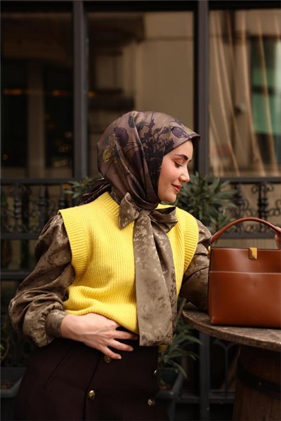 Twill İpek Eşarp Vizon-Asit Çiçek Desenli Kaymaz Tok Duruşlu 90x90