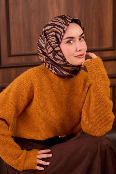 Twill İpek Eşarp Vizon Kehribar Geometrik Desenli Tok Duruşlu 90x90