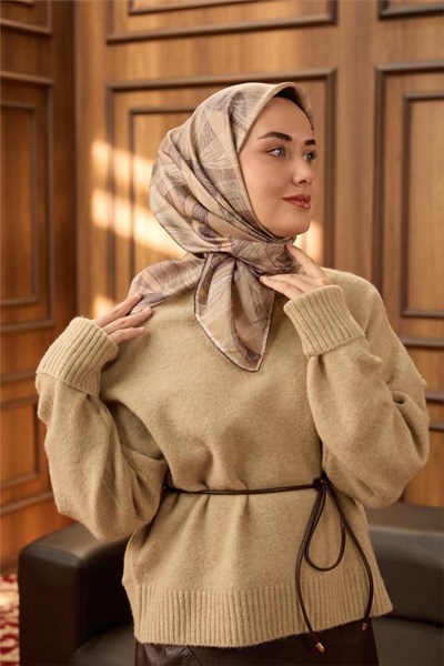 Twill İpek Eşarp Vizon-Pastel Mor Ekru Geçişli Kaymaz Tok Duruşlu 90x90