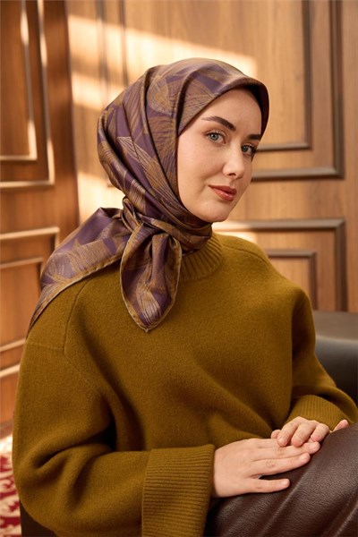 Twill İpek Eşarp Vizon-Patlıcan Moru Koyu Gold Geçişli Kaymaz Tok Duruşlu 90x90