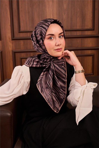 Twill İpek Eşarp Vizon Siyah Koyu Vizon Dalga Desenli Tok Duruşlu 90x90