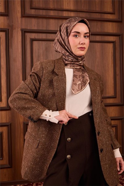 Twill İpek Eşarp Vizon–Koyu Vizon–Bej Desenli Tok Duruşlu 90x90