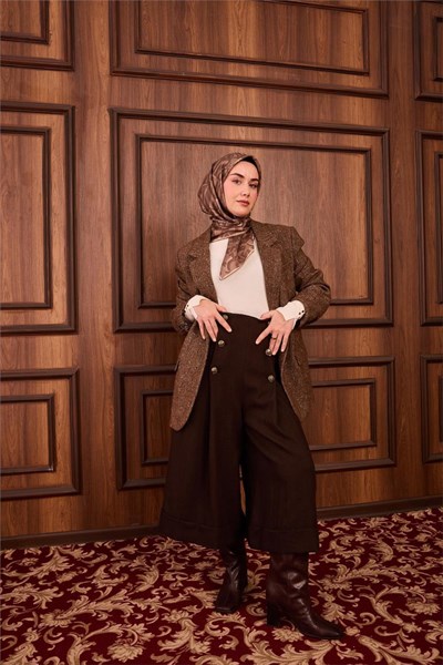 Twill İpek Eşarp Vizon–Koyu Vizon–Bej Desenli Tok Duruşlu 90x90