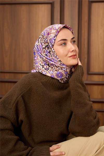 Twill İpek Eşarp Vizon–Mor Desenli Tok Duruşlu Kaymaz 90x90