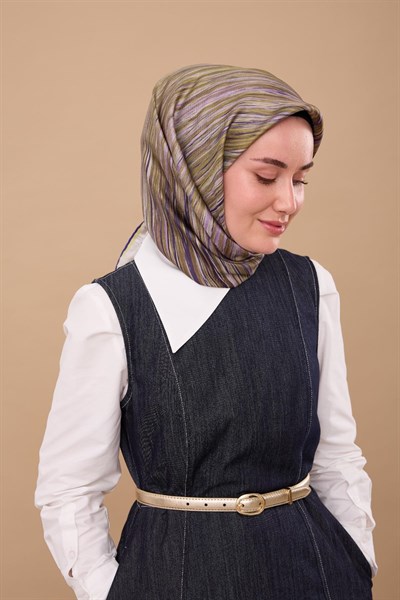 Twill İpek Eşarp Yağ Yeşili-Mor Tonlu Tok Duruşlu Kaymaz Kumaş 90x90