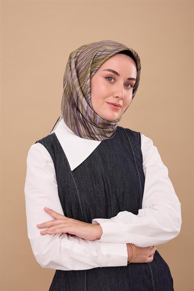 Twill İpek Eşarp Yağ Yeşili-Mor Tonlu Tok Duruşlu Kaymaz Kumaş 90x90