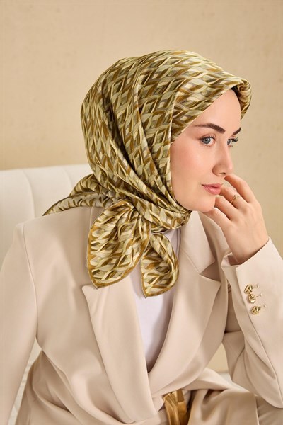 Twill İpek Eşarp Yaprak Ritmi Haki Gri 90x90