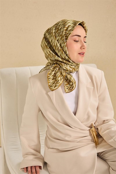 Twill İpek Eşarp Yaprak Ritmi Haki Gri 90x90