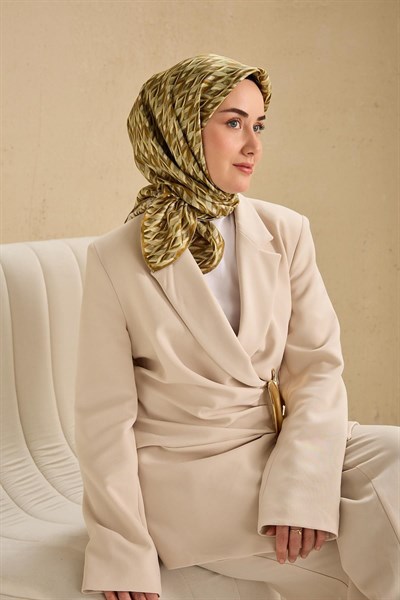Twill İpek Eşarp Yaprak Ritmi Haki Gri 90x90