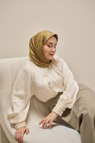 Twill İpek Eşarp Yaprak Ritmi Haki Turuncu 90x90
