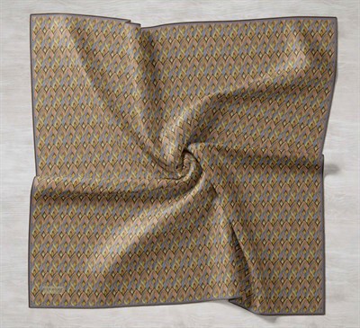 Twill İpek Eşarp Yaprak Ritmi Haki Turuncu 90x90