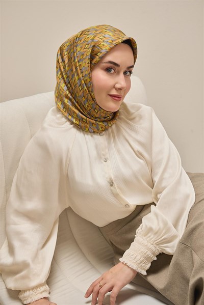 Twill İpek Eşarp Yaprak Ritmi Haki Turuncu 90x90