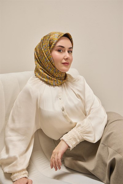 Twill İpek Eşarp Yaprak Ritmi Haki Turuncu 90x90