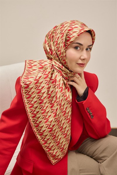 Twill İpek Eşarp Yaprak Ritmi Kırmızı Krem 90x90