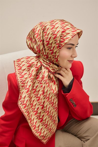 Twill İpek Eşarp Yaprak Ritmi Kırmızı Krem 90x90