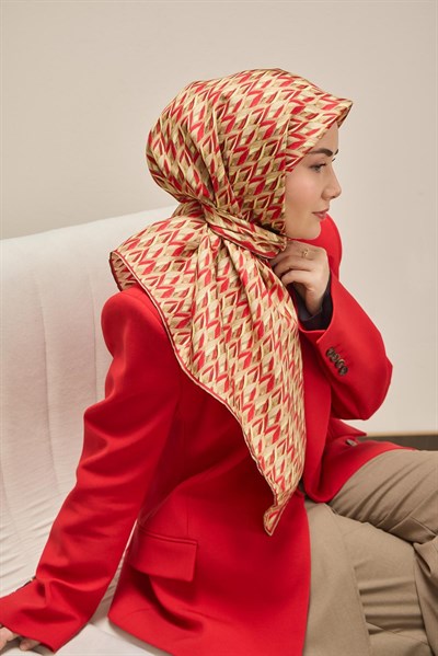 Twill İpek Eşarp Yaprak Ritmi Kırmızı Krem 90x90