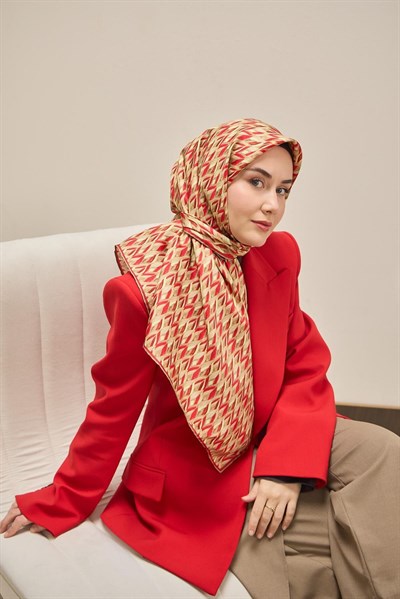 Twill İpek Eşarp Yaprak Ritmi Kırmızı Krem 90x90