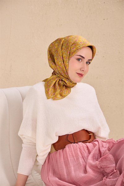 Twill İpek Eşarp Yaprak Ritmi Koyu Sarı 90x90