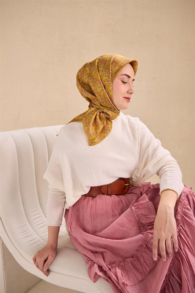 Twill İpek Eşarp Yaprak Ritmi Koyu Sarı 90x90