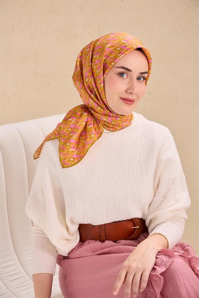 Twill İpek Eşarp Yaprak Ritmi Koyu Turuncu 90x90