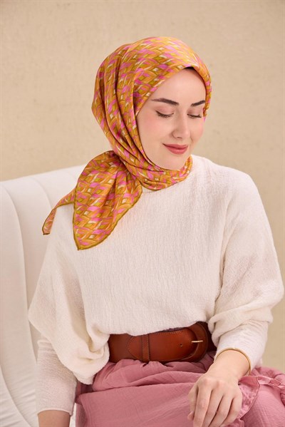 Twill İpek Eşarp Yaprak Ritmi Koyu Turuncu 90x90