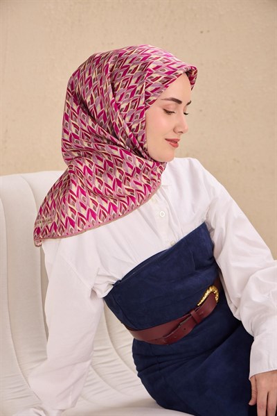 Twill İpek Eşarp Yaprak Ritmi Krem Pembe 90x90