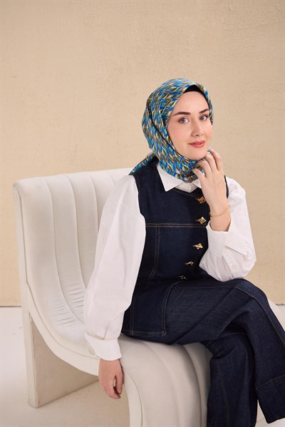 Twill İpek Eşarp Yaprak Ritmi Mavi Lila 90x90