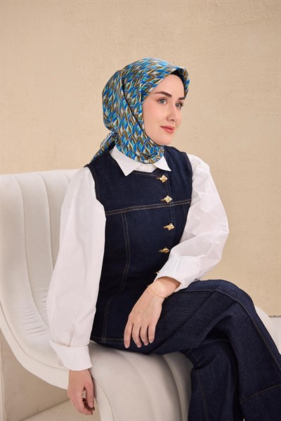 Twill İpek Eşarp Yaprak Ritmi Mavi Lila 90x90