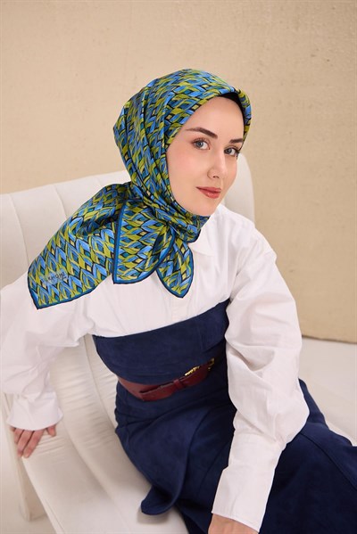Twill İpek Eşarp Yaprak Ritmi Mavi Yeşil 90x90