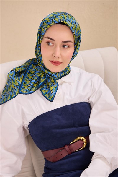 Twill İpek Eşarp Yaprak Ritmi Mavi Yeşil 90x90