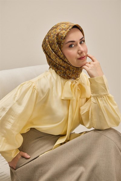 Twill İpek Eşarp Yaprak Ritmi Taba 90x90