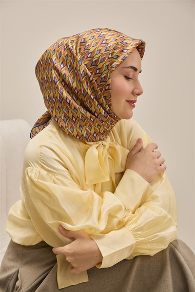 Twill İpek Eşarp Yaprak Ritmi Taba Sarı 90x90