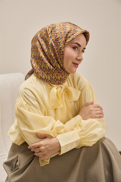 Twill İpek Eşarp Yaprak Ritmi Taba Sarı 90x90