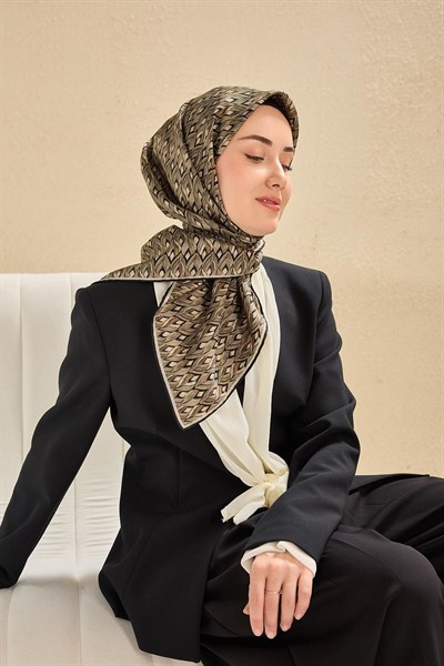 Twill İpek Eşarp Yaprak Ritmi Yeşil Gri 90x90