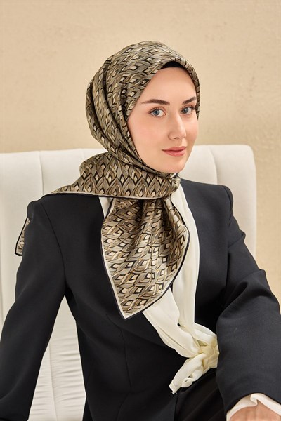 Twill İpek Eşarp Yaprak Ritmi Yeşil Gri 90x90