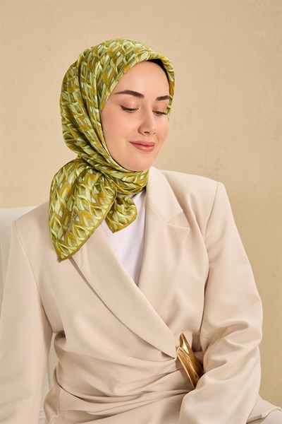 Twill İpek Eşarp Yaprak Ritmi Yeşil Hardal 90x90