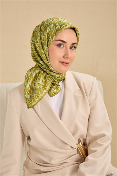 Twill İpek Eşarp Yaprak Ritmi Yeşil Hardal 90x90