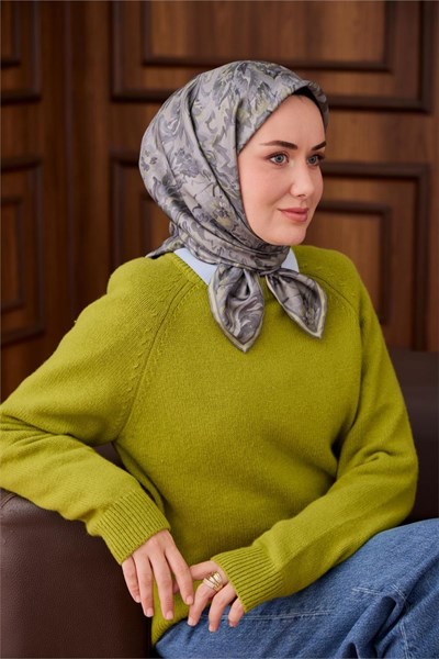 Twill İpek Eşarp Yeşil Gri-Füme Desenli Tok Duruşlu 90x90