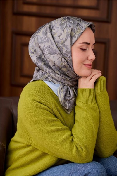 Twill İpek Eşarp Yeşil Gri-Füme Desenli Tok Duruşlu 90x90