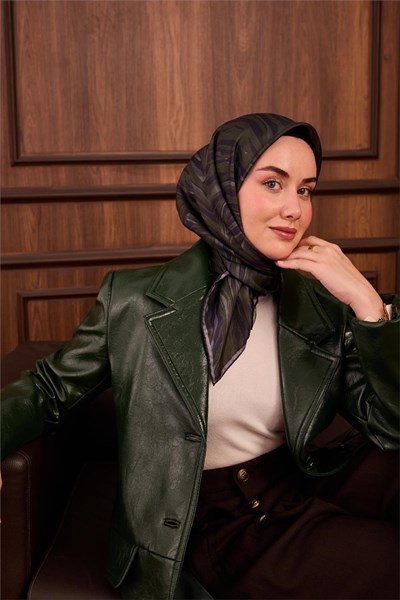 Twill İpek Eşarp Yeşil Gri Geometrik Desenli Tok Duruşlu 90x90