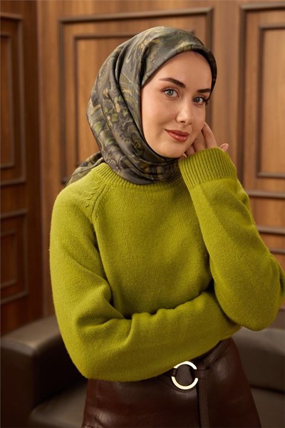 Twill İpek Eşarp Yeşil Gri-Kına Yeşili Desenli Tok Duruşlu 90x90