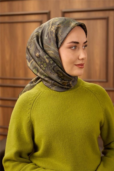 Twill İpek Eşarp Yeşil Gri-Kına Yeşili Desenli Tok Duruşlu 90x90