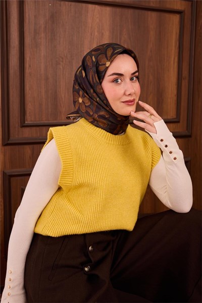 Twill İpek Eşarp Yeşil Hardal Kehribar Papatya Desenli Tok Duruşlu 90x90
