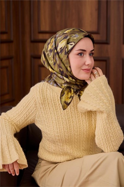 Twill İpek Eşarp Yeşil-Kahverengi Kamuflaj Desenli Tok Duruşlu 90x90